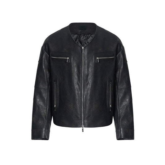 Niche V-neck Zipper Design Leather Coat For Men