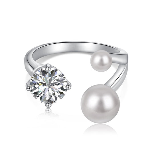 S925 Sterling Silver Women's Open Ring Zircon Pearl Inlaid Personality