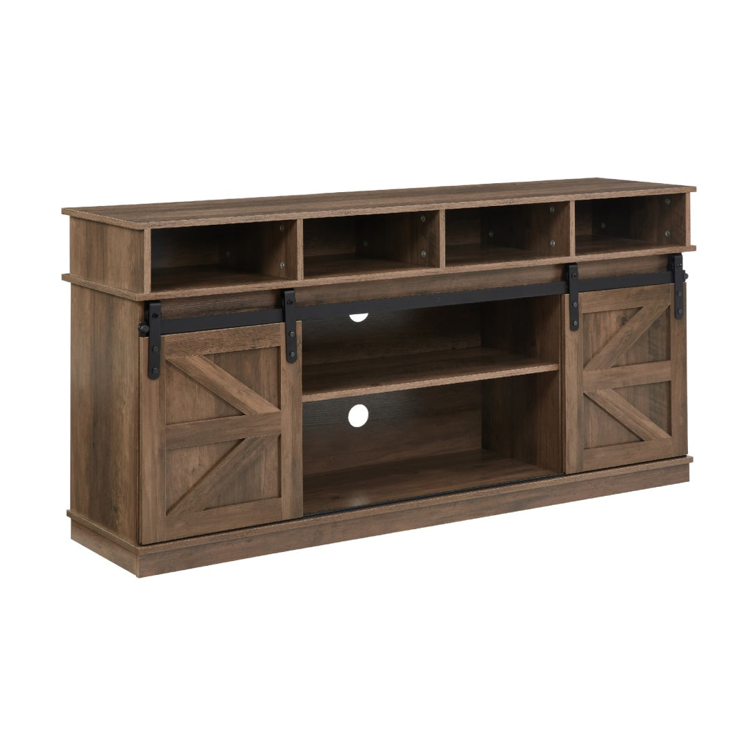 Barn Door TV Stand with Storage & Adjustable Shelves – Natural Brown