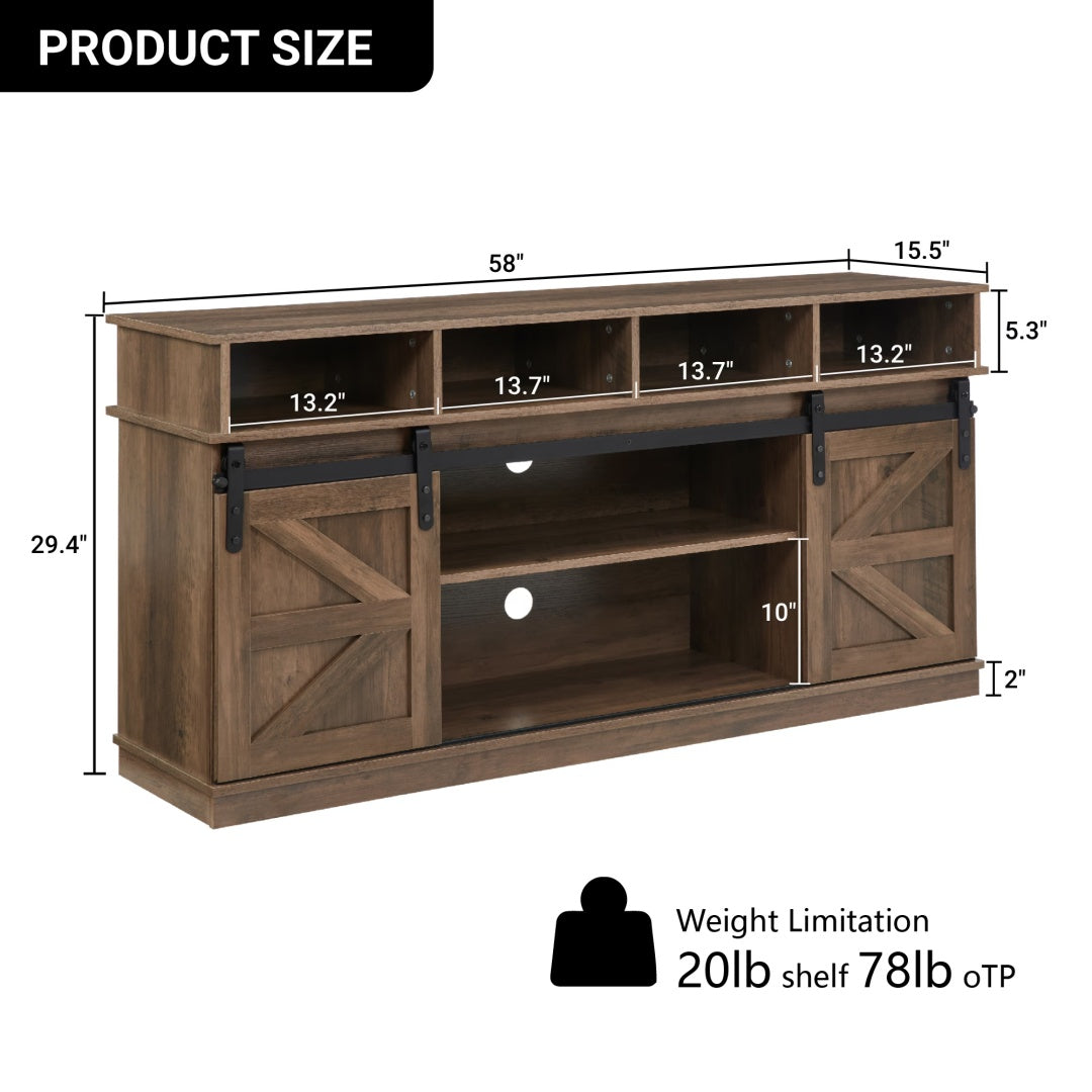Barn Door TV Stand with Storage & Adjustable Shelves – Natural Brown