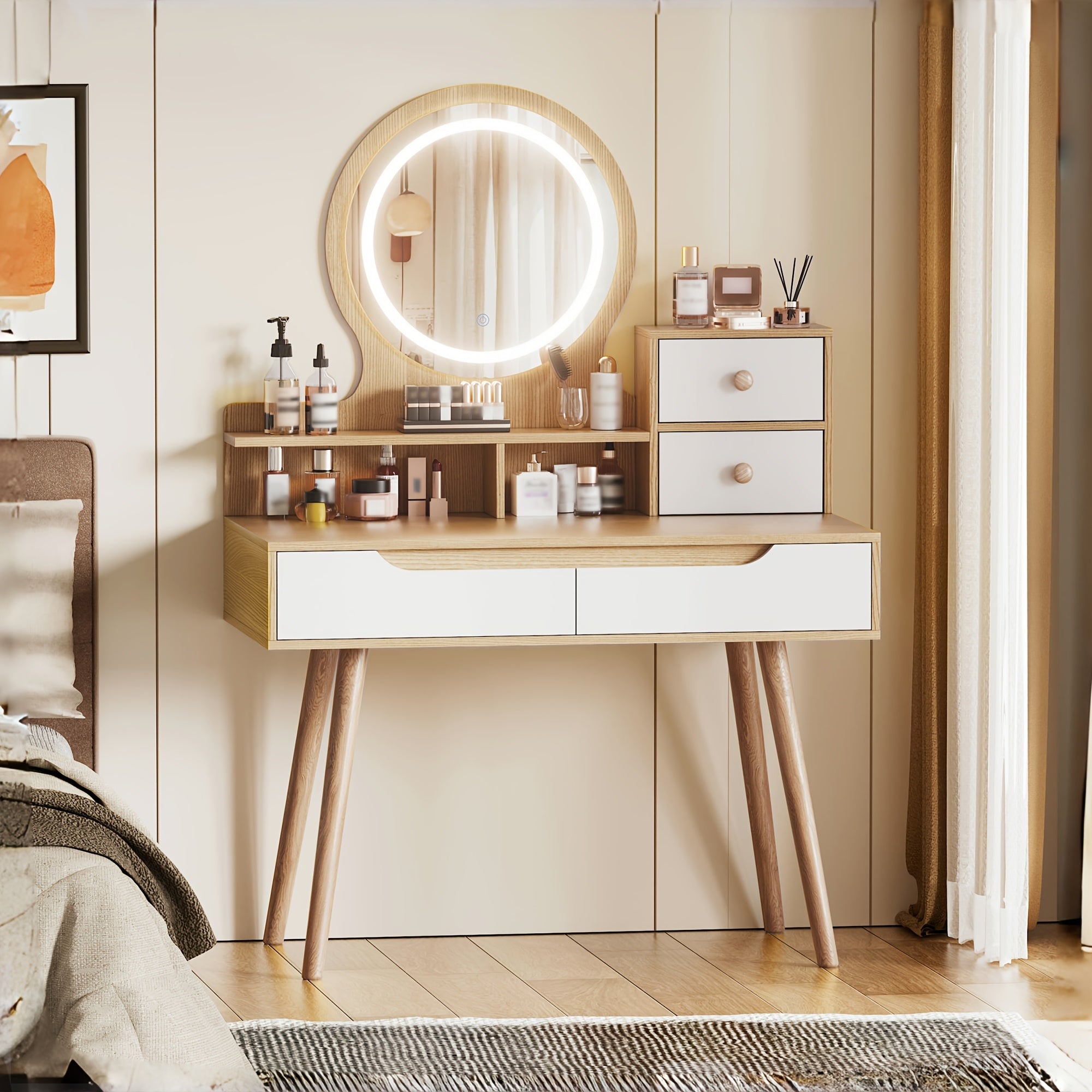 Vanity Desk with 3-Mode Lighted Mirror & 4 Drawers
