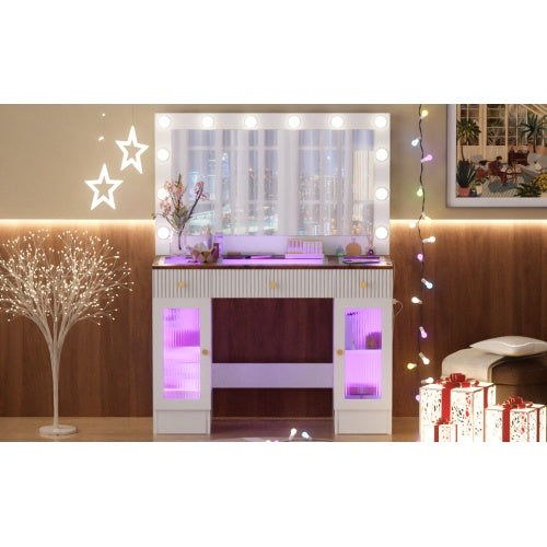 43in Vanity Desk with Hollywood Bulb Mirror & RGB