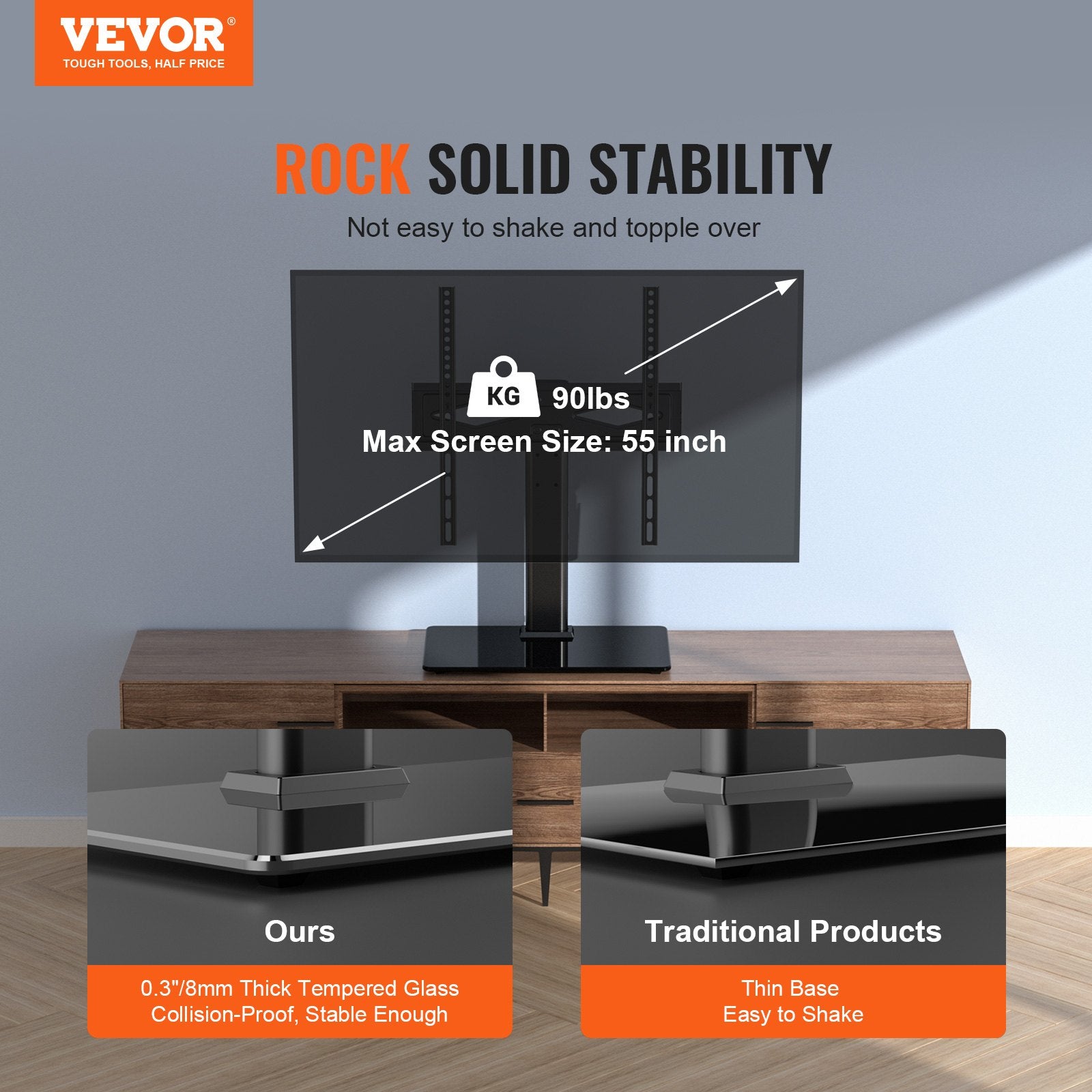 Swivel Floor TV Stand with Glass Base — 32-55in