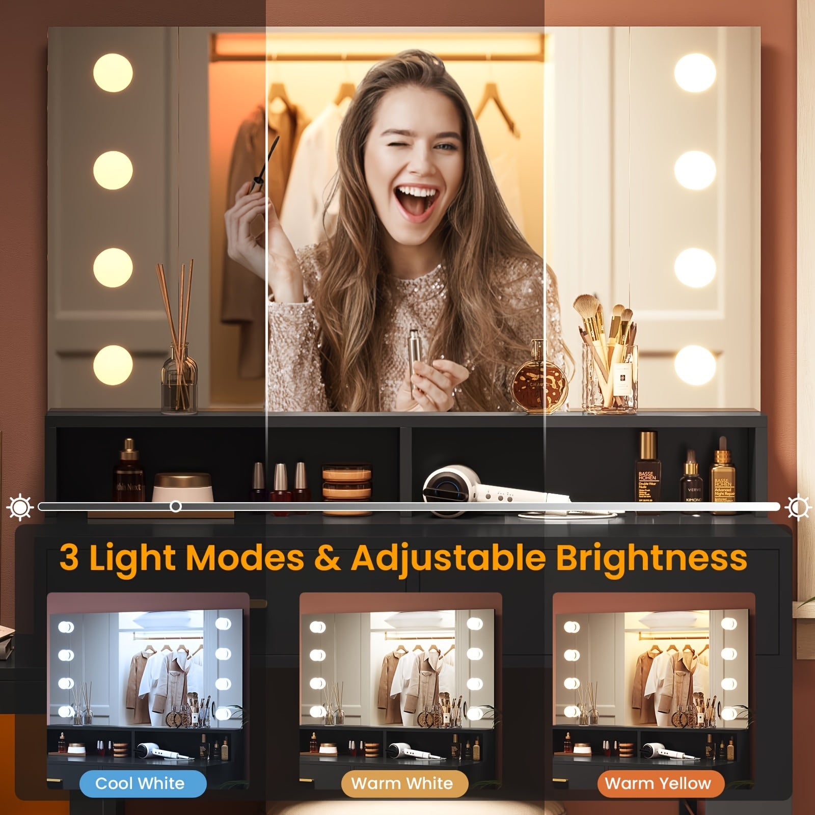 Black Vanity Desk with Mirror, Lights & USB Ports