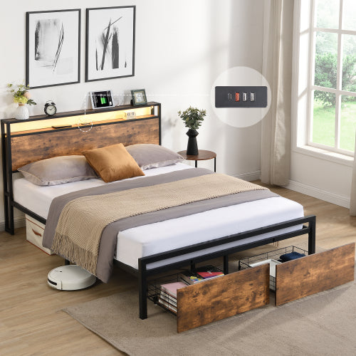 Queen Bed Frame with LED Headboard & Storage