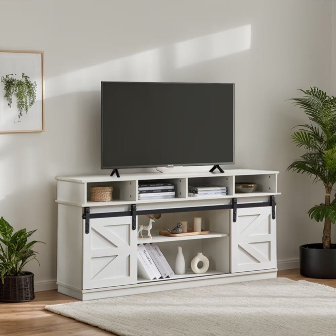 Sliding Barn Door TV Stand with Adjustable Shelves – White Farmhouse Entertainment Center