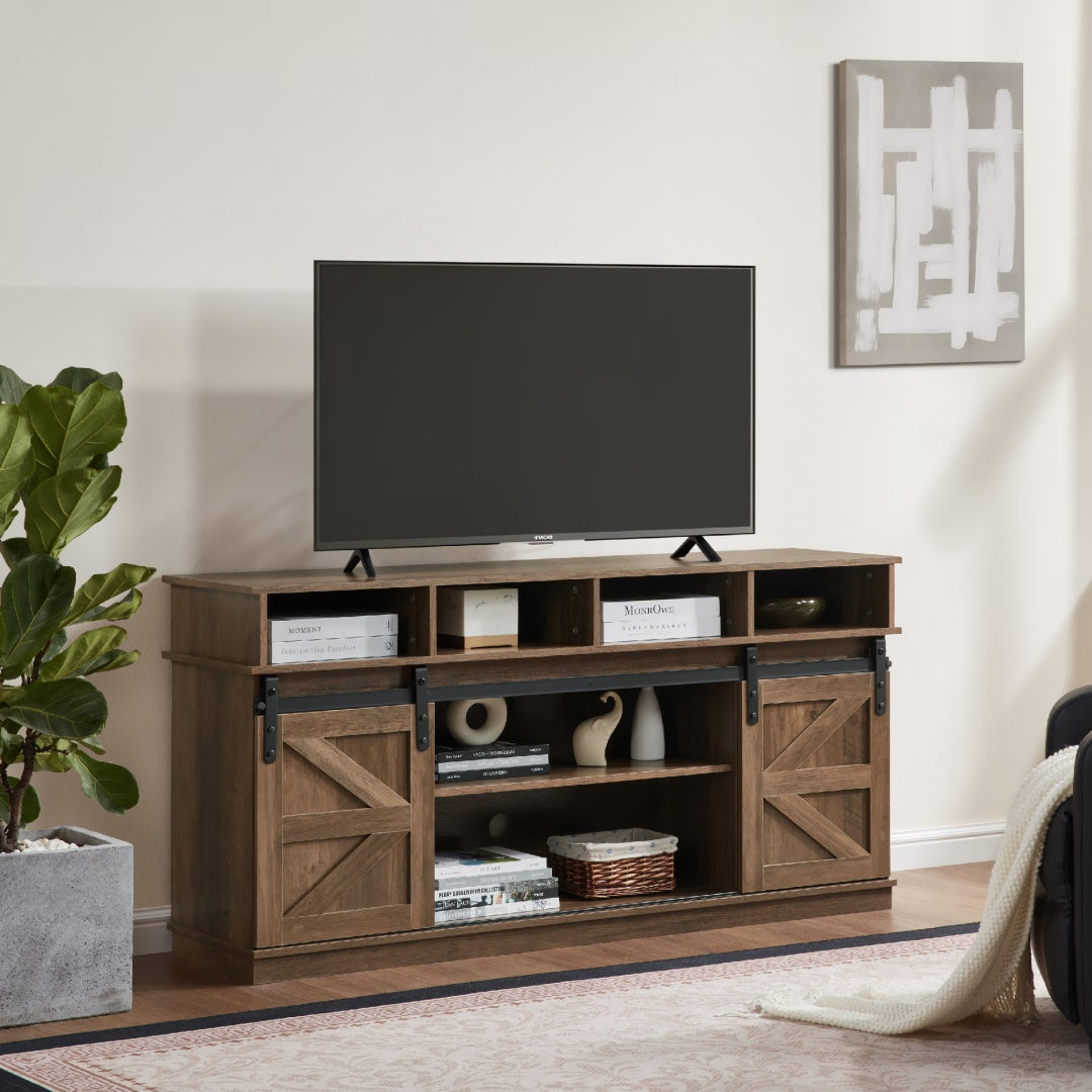 Barn Door TV Stand with Storage & Adjustable Shelves – Natural Brown