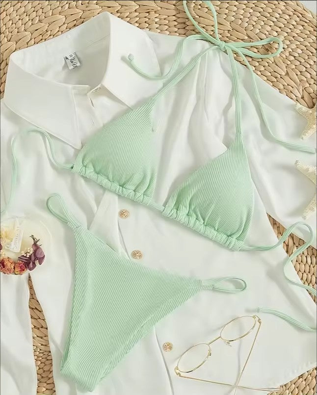 Sexy Ribbed Tie Bikini Set – Two‑Piece Swimsuit