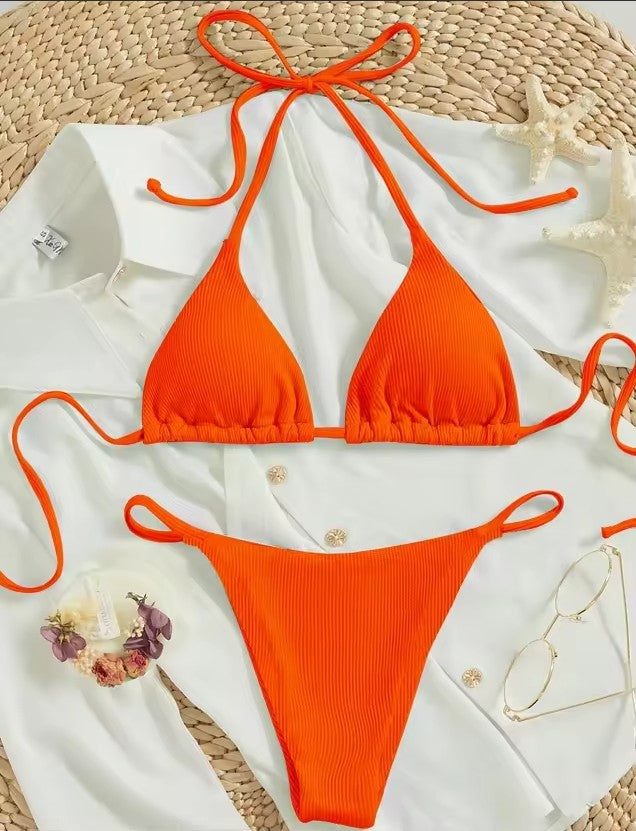 Sexy Ribbed Tie Bikini Set – Two‑Piece Swimsuit