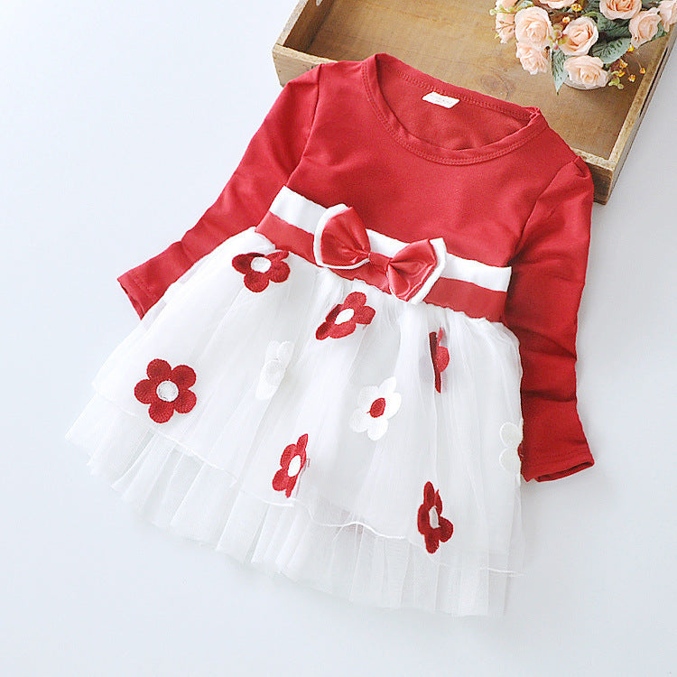 Long-Sleeve Floral Bow Girl Dress