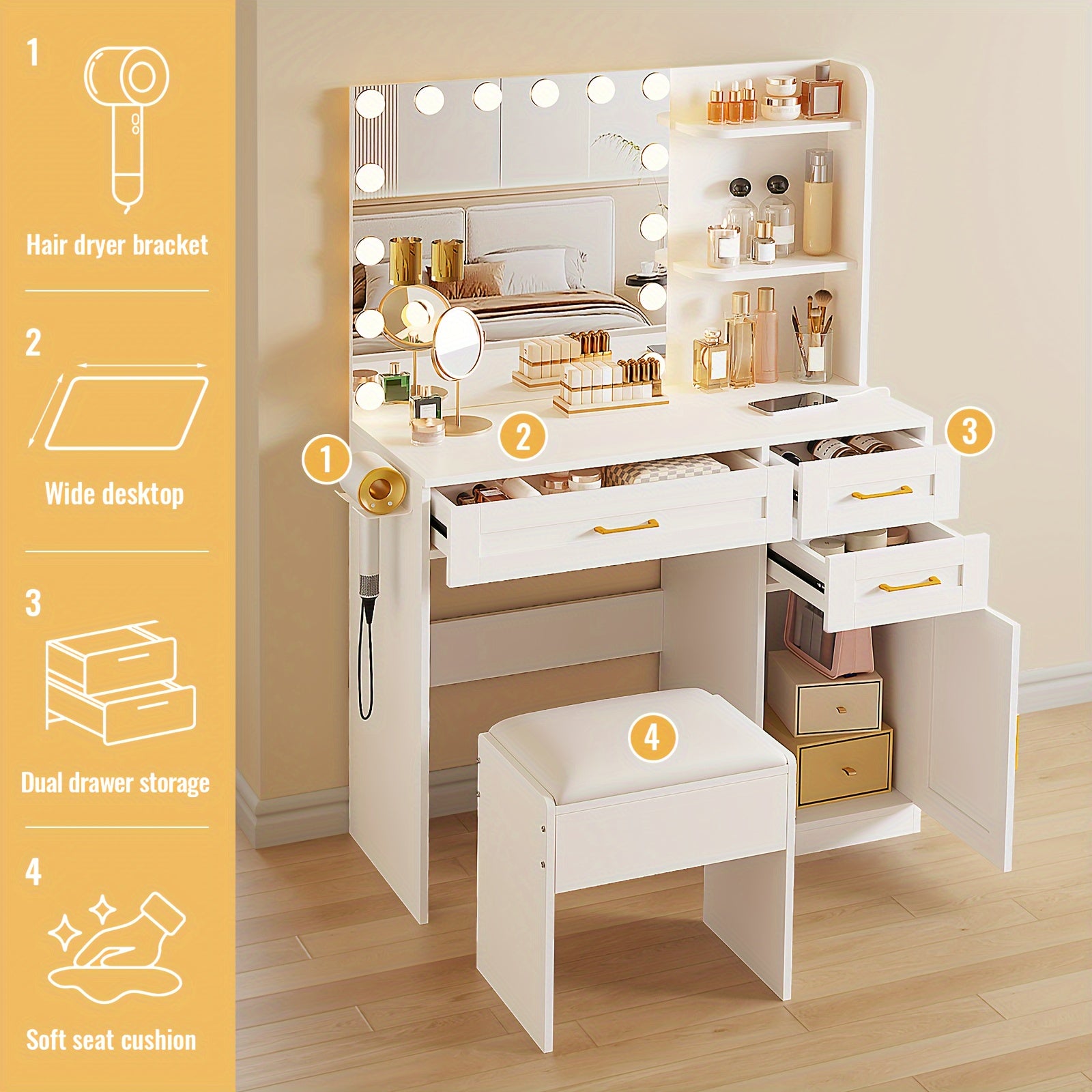 Vanity Desk with Lighted Mirror & Power Outlet