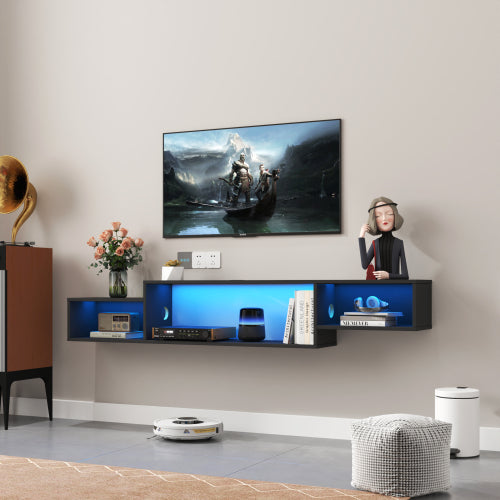 Wall-Mounted Floating TV Stand with LED & Charger — 65in