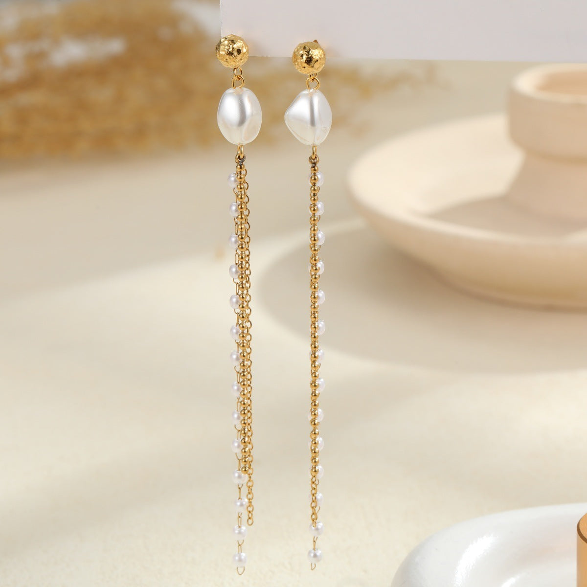 Pearl Earrings Long Tassel Stainless Steel Earrings Design Earrings