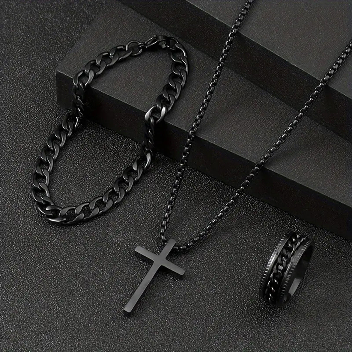 Men's Cross Necklace, Ring, & Bracelet Set