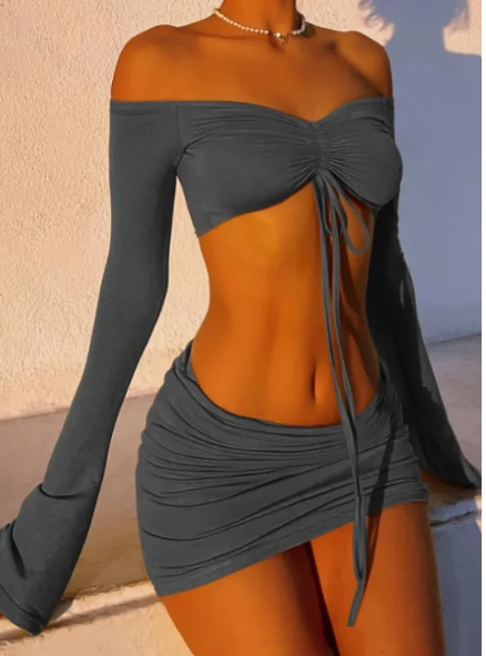 Y2K Off-Shoulder Top & Bodycon Skirt Set