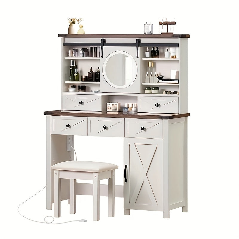 42in Farmhouse Vanity Set with Sliding Mirror & Stool