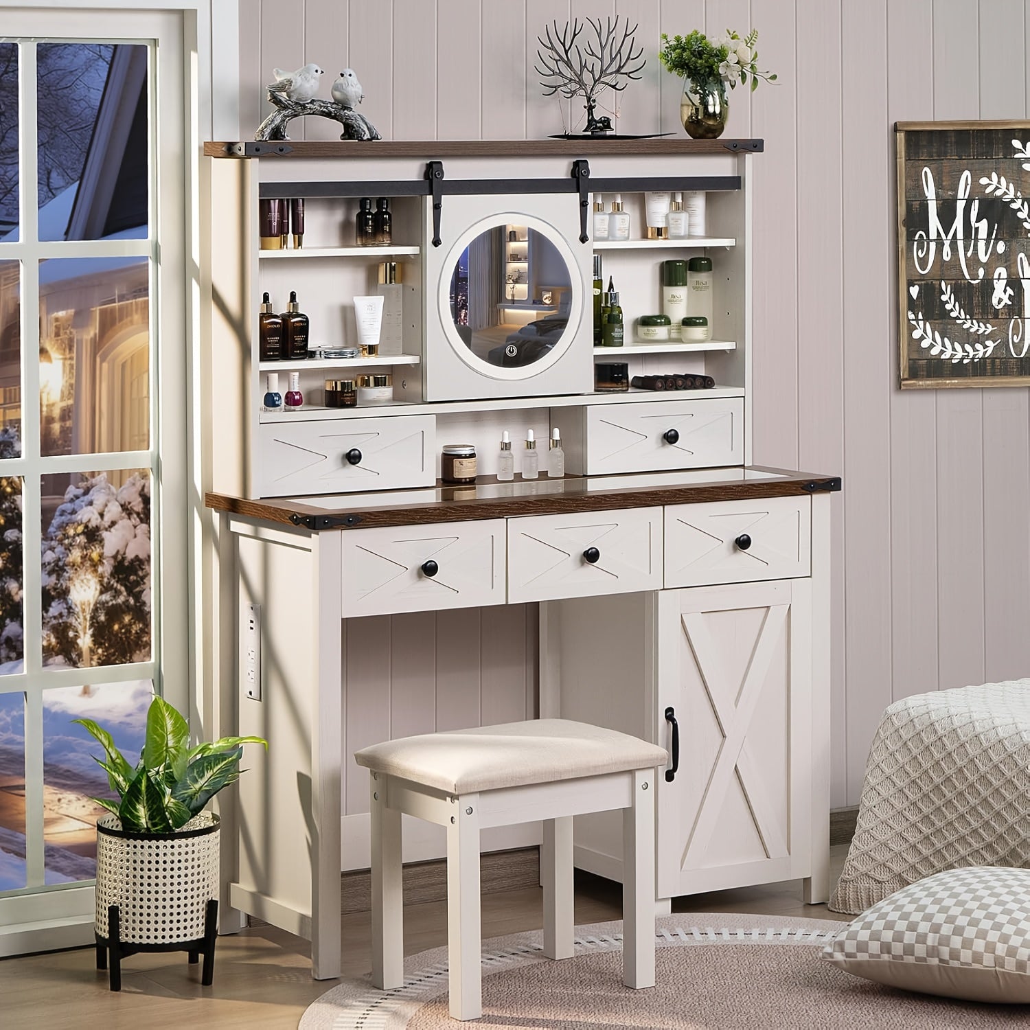 42in Farmhouse Vanity Set with Sliding Mirror & Stool