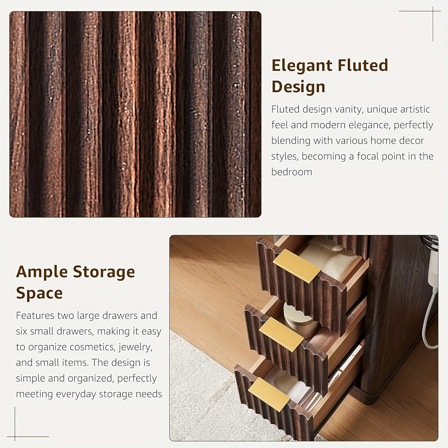 48-inch Fluted Makeup Vanity Desk with Large LED Lighted Mirror, 8 Drawers & Charging Station - Glass Top Modern Dressing Table with Adjustable Lighting, Hardwood Construction, Grey Tones, Space-Saving Design for Bedroom