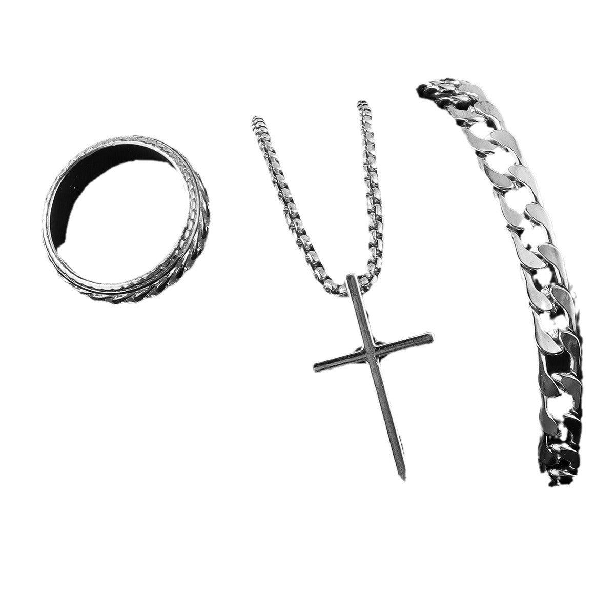 Men's Cross Necklace, Ring, & Bracelet Set