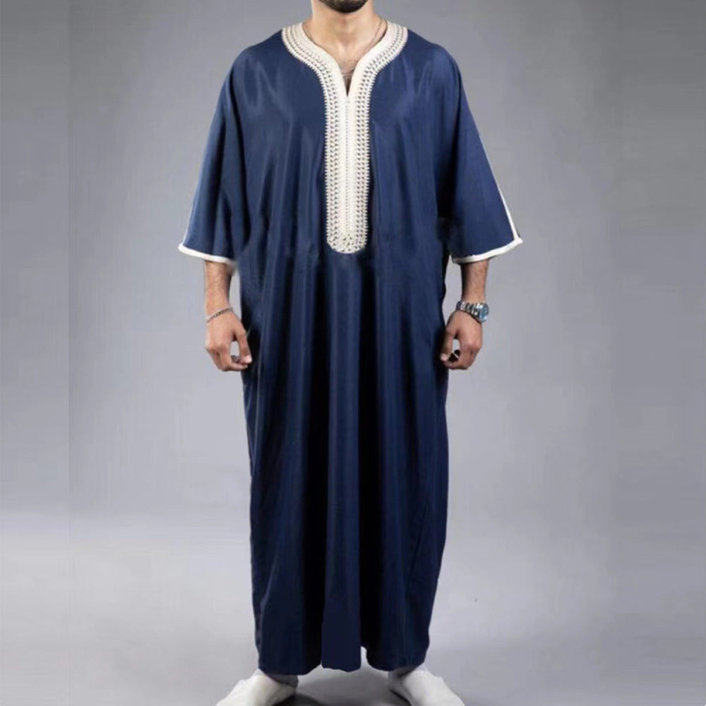 Embroidered Short-Sleeve Robe — Navy