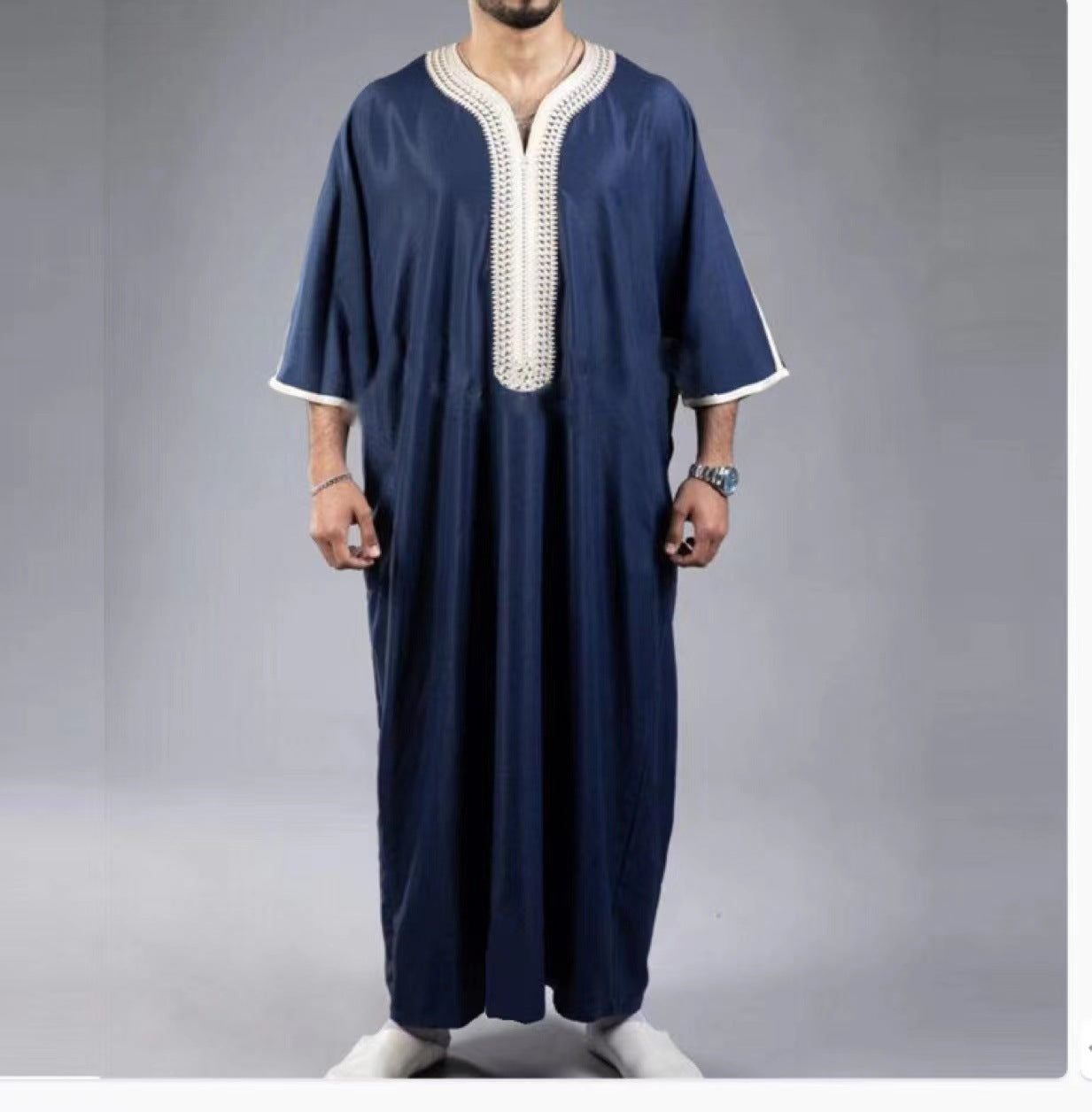 Embroidered Short-Sleeve Robe — Navy