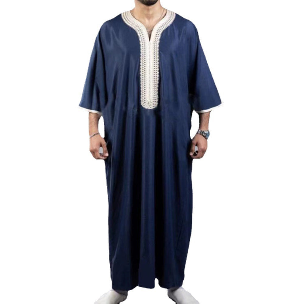 Embroidered Short-Sleeve Robe — Navy