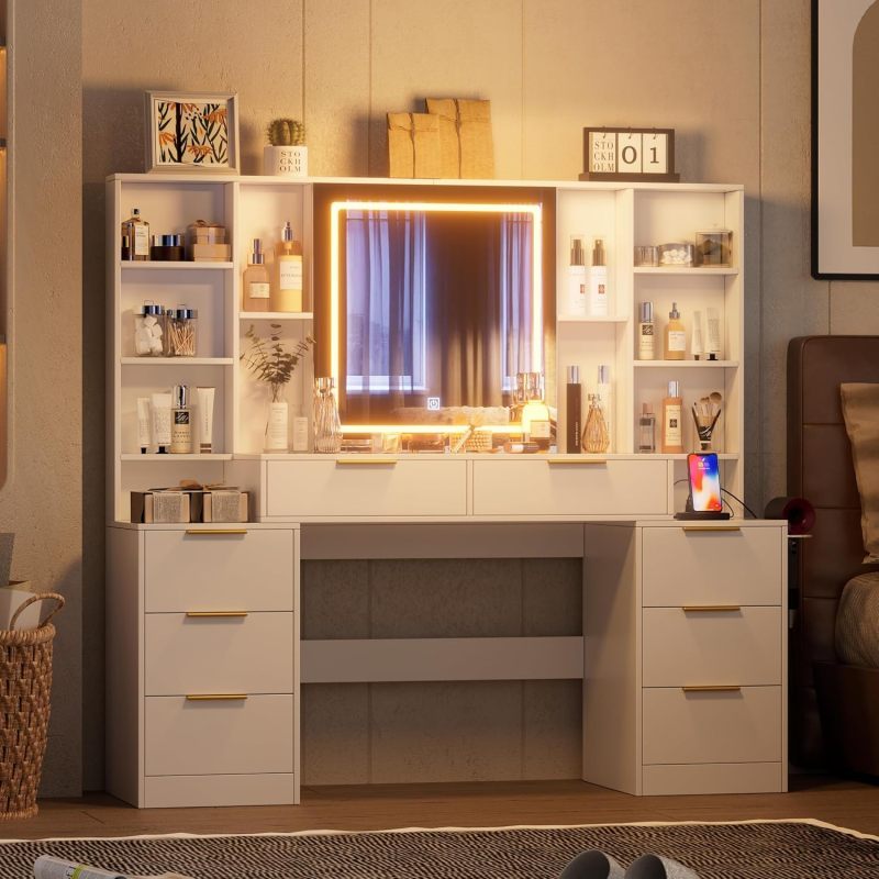 59in Vanity Desk with Lighted Mirror & 8 Drawers