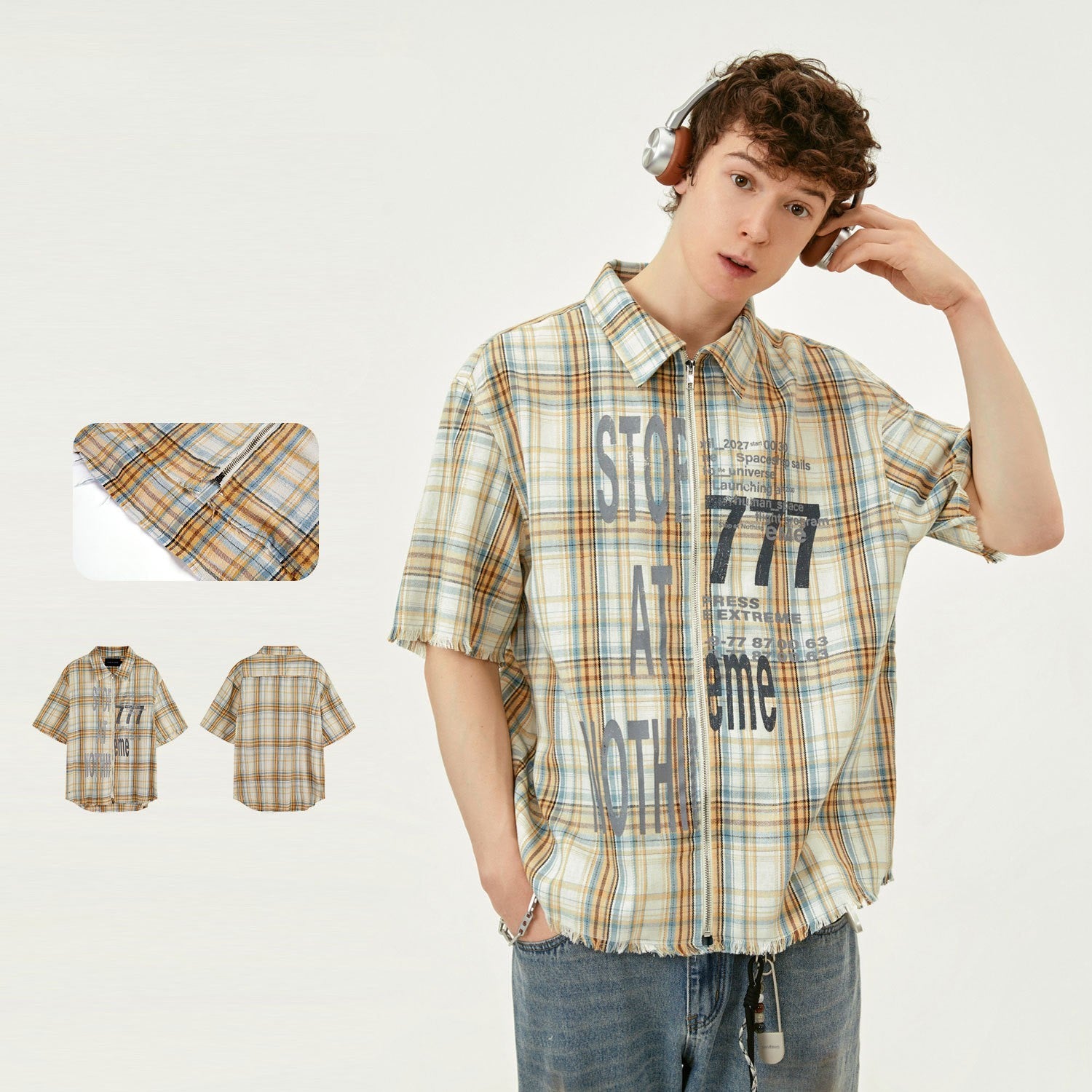 Men's Distressed Plaid Tassel Shirt