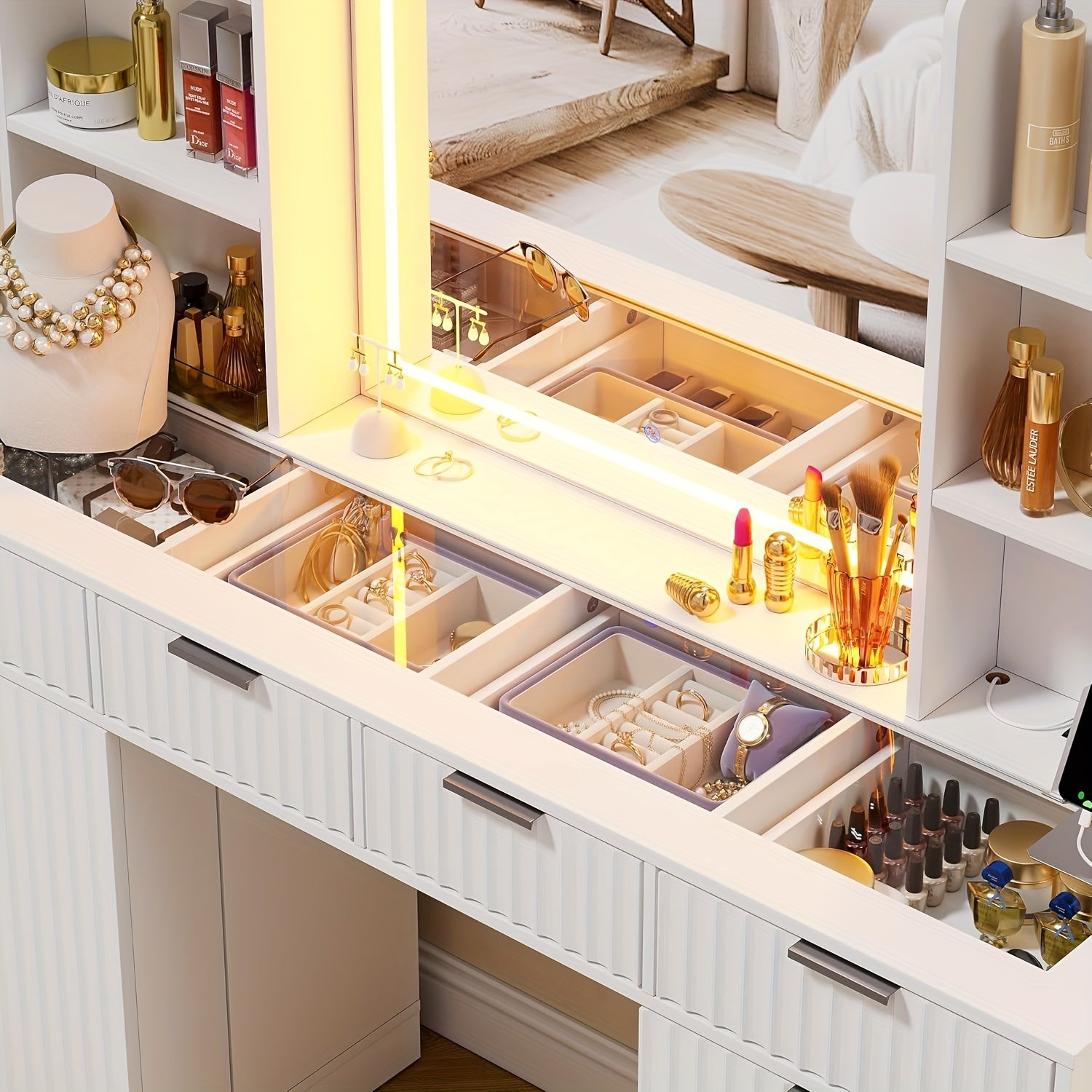 55'' Large Fluted Makeup Vanity Desk with Mirror And Lights, Glass Top Makeup Vanity with Large Storage Spaces, 4 Drawers And 18 Grids, White