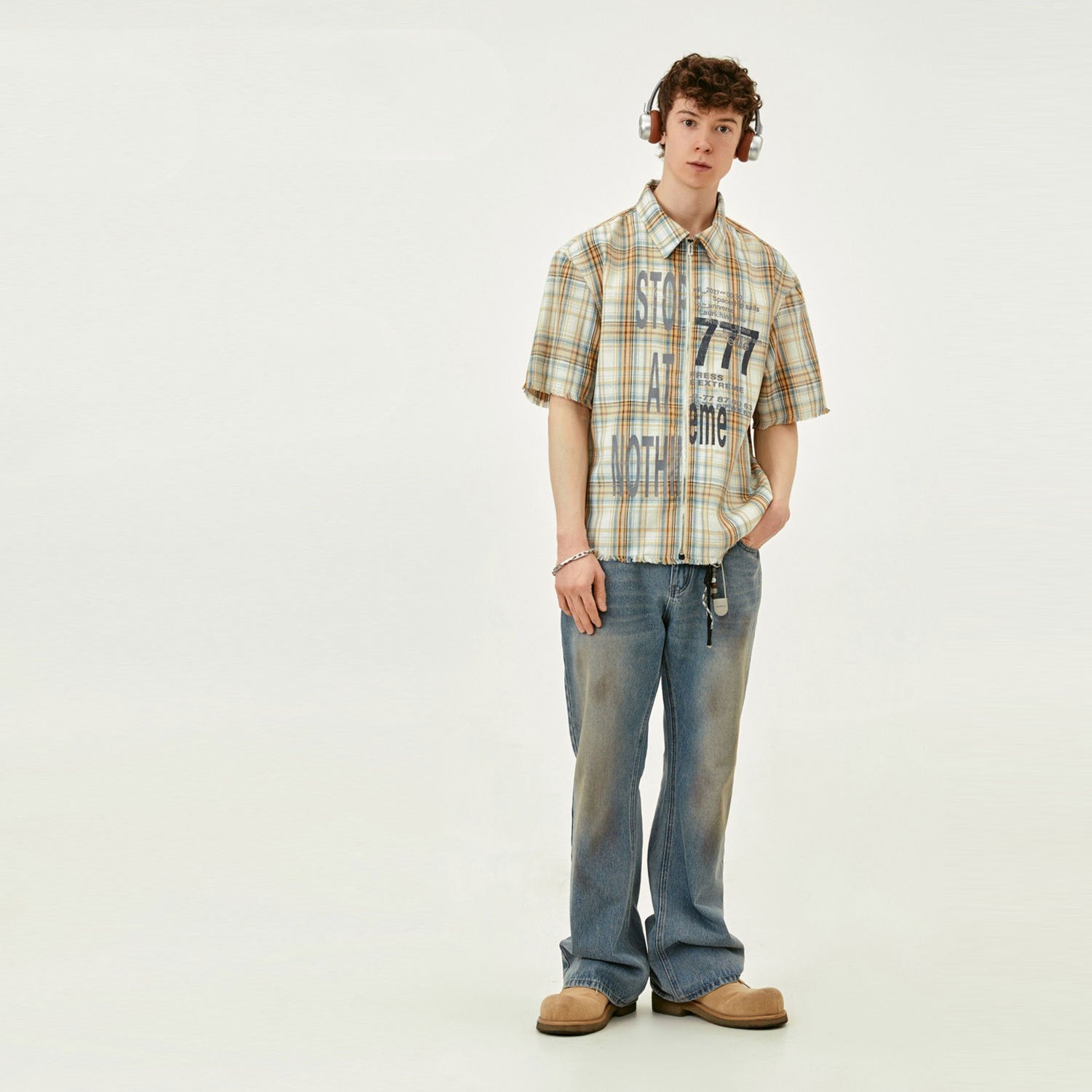 Men's Distressed Plaid Tassel Shirt