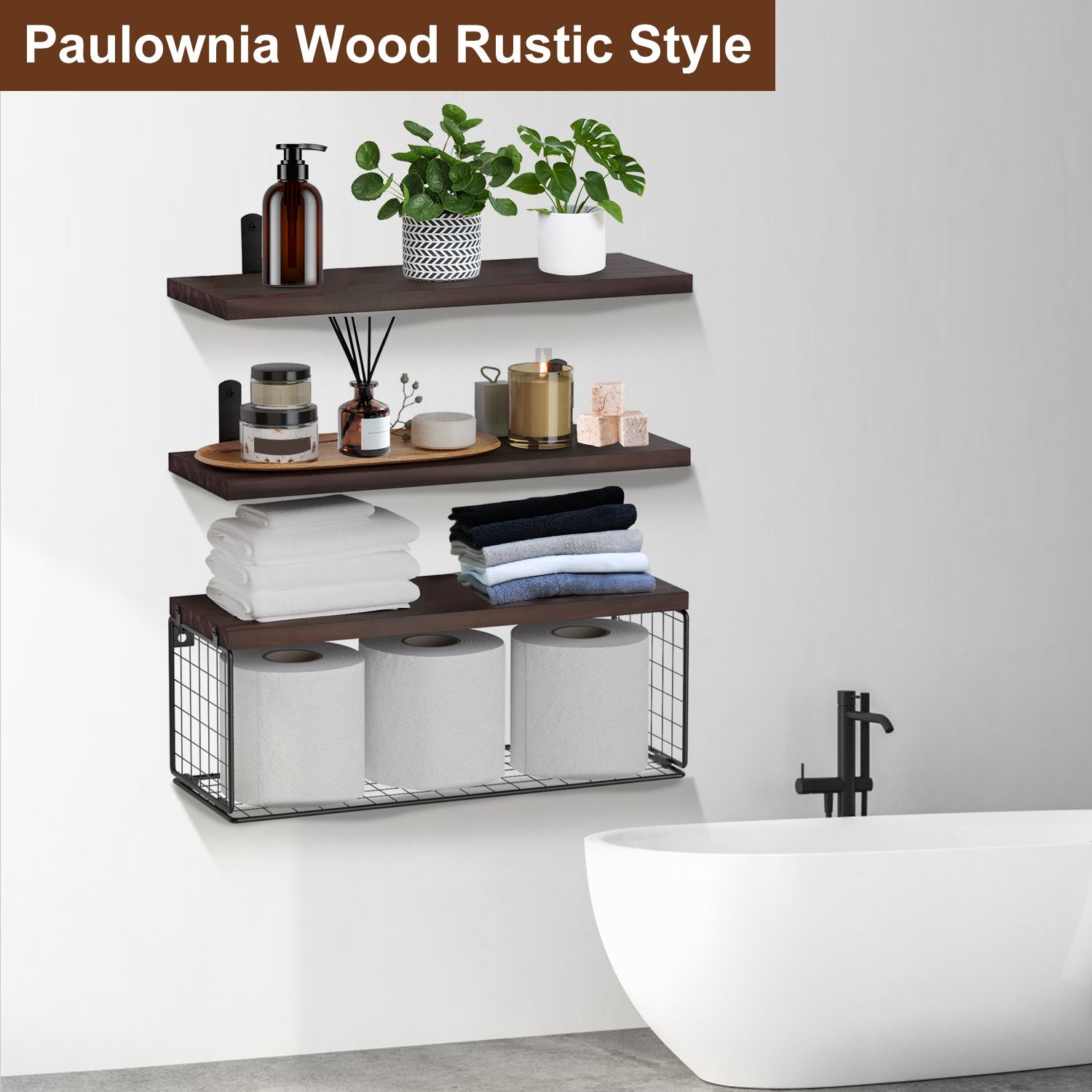 2-in-1 Floating Wall Shelves with Storage Basket