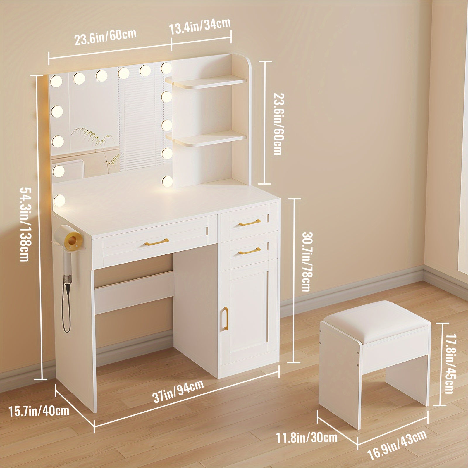 Vanity Desk with Lighted Mirror & Power Outlet