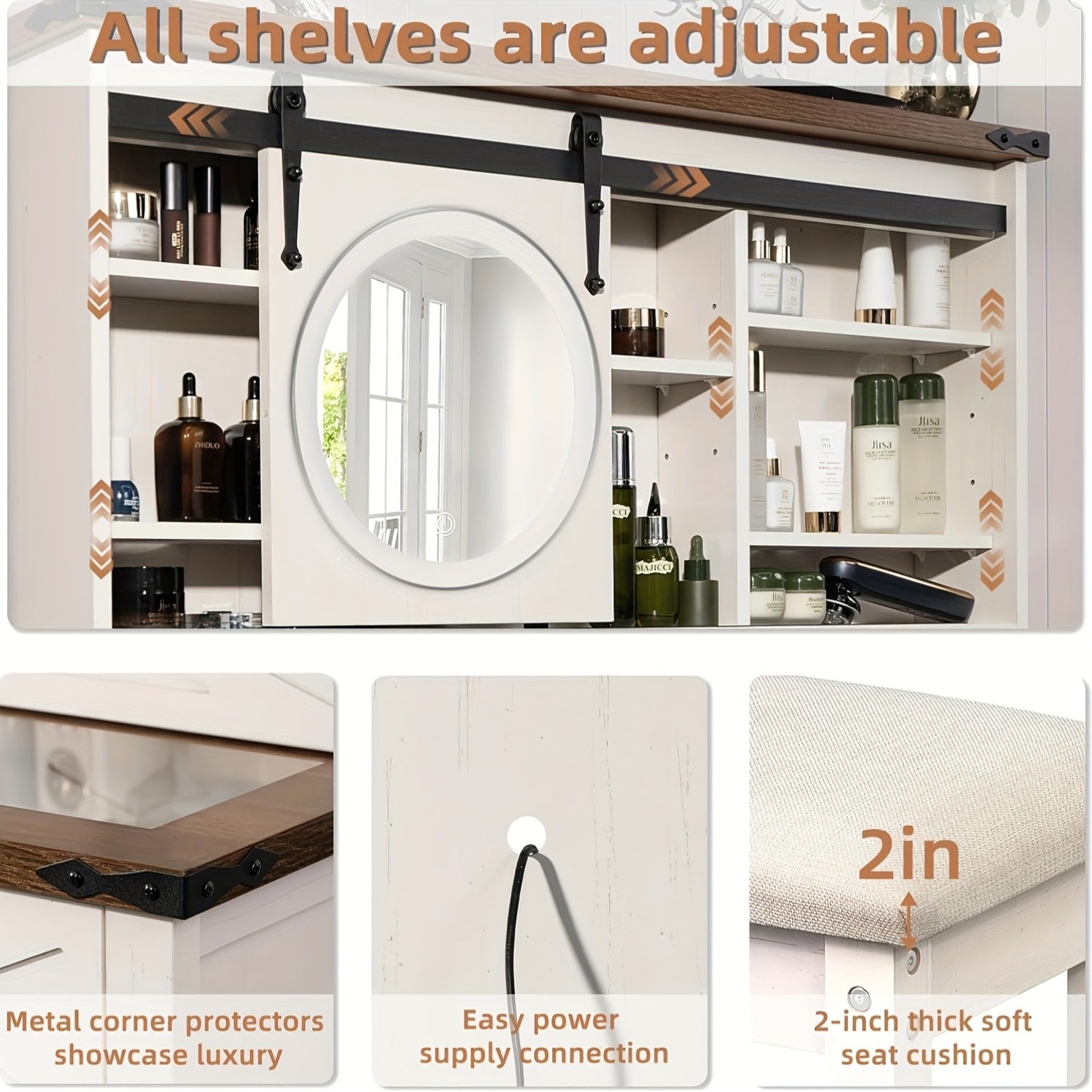 42in Farmhouse Vanity Set with Sliding Mirror & Stool