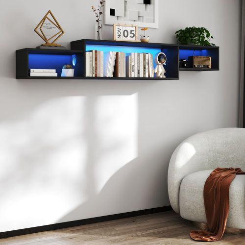 Wall-Mounted Floating TV Stand with LED & Charger — 65in