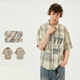 Printed Washed Tassel Short Sleeve Plaid Shirt