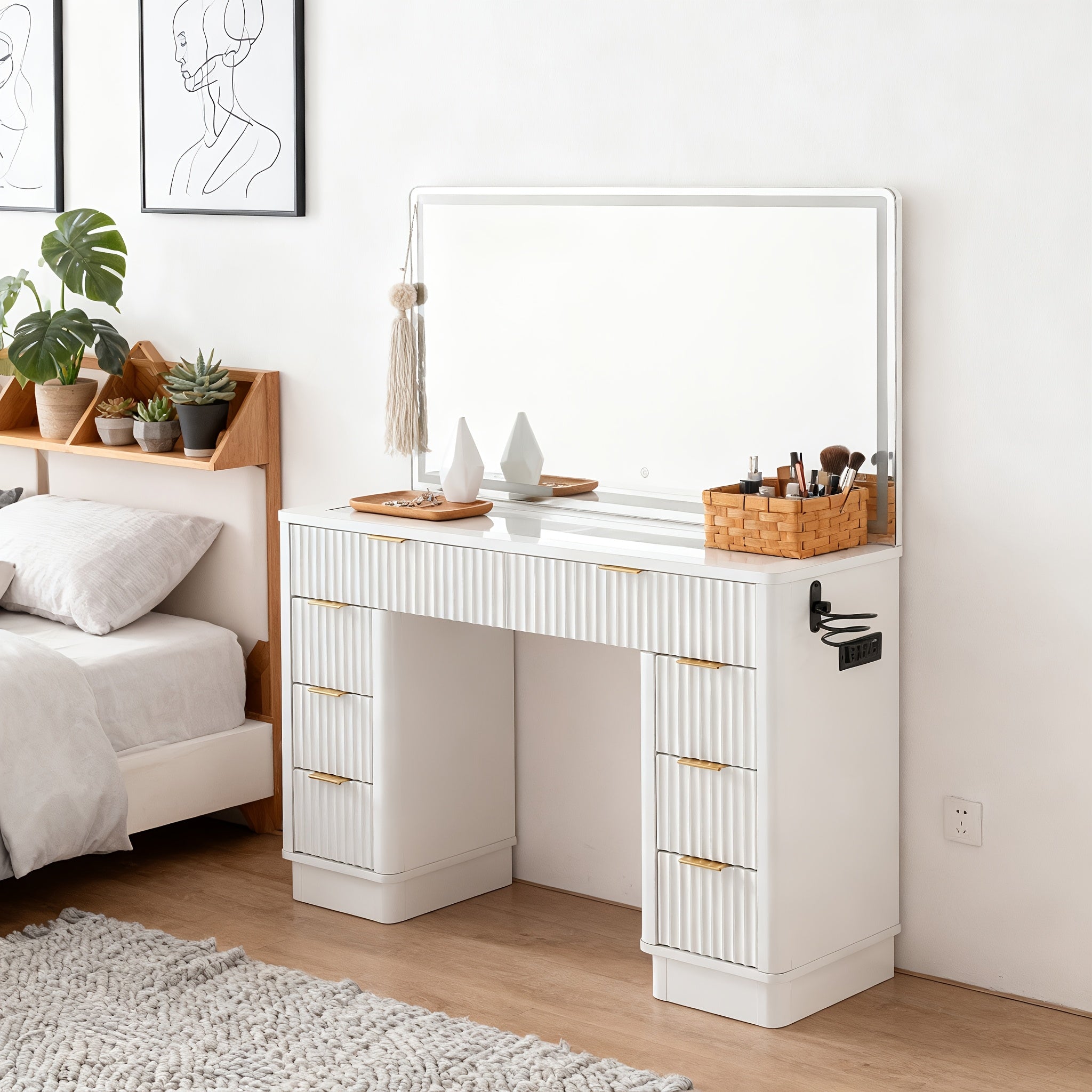 48-inch Fluted Makeup Vanity Desk with Large LED Lighted Mirror, 8 Drawers & Charging Station - Glass Top Modern Dressing Table with Adjustable Lighting, Hardwood Construction, Grey Tones, Space-Saving Design for Bedroom