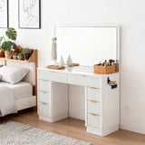 48-inch Fluted Makeup Vanity Desk with Large LED Lighted Mirror, 8 Drawers & Charging Station - Glass Top Modern Dressing Table with Adjustable Lighting, Hardwood Construction, Grey Tones, Space-Saving Design for Bedroom