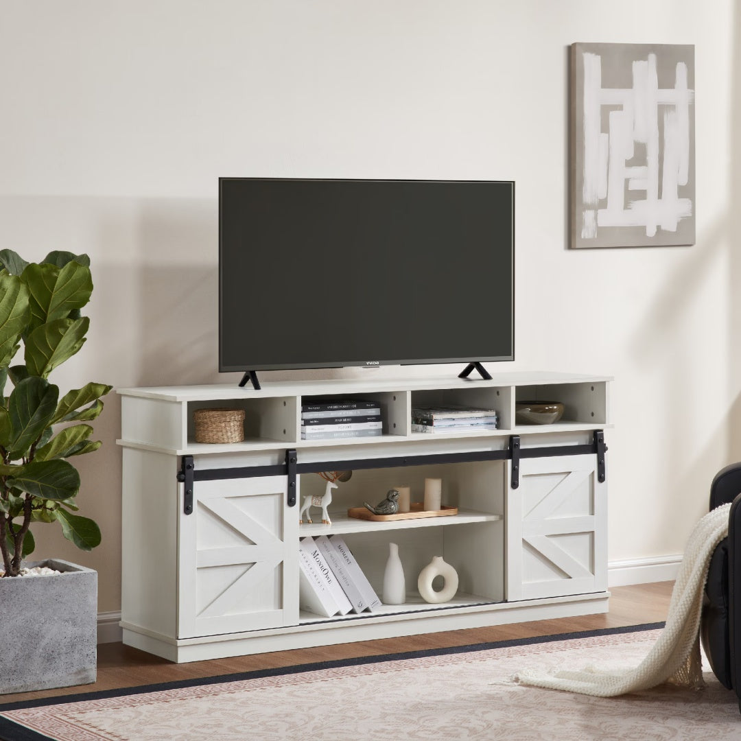 Sliding Barn Door TV Stand with Adjustable Shelves – White Farmhouse Entertainment Center