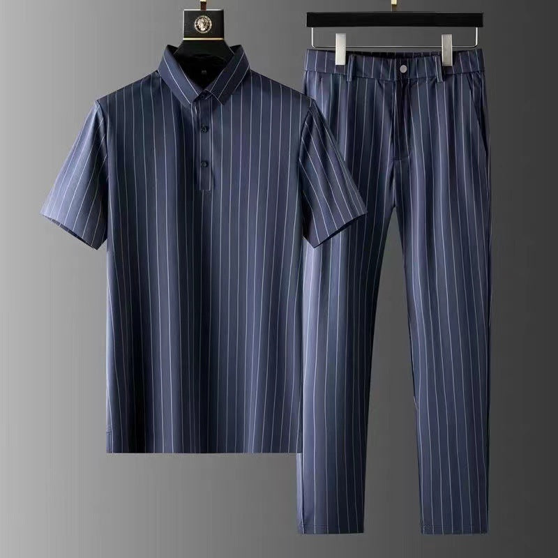 Men's Ice Silk Striped Casual Set