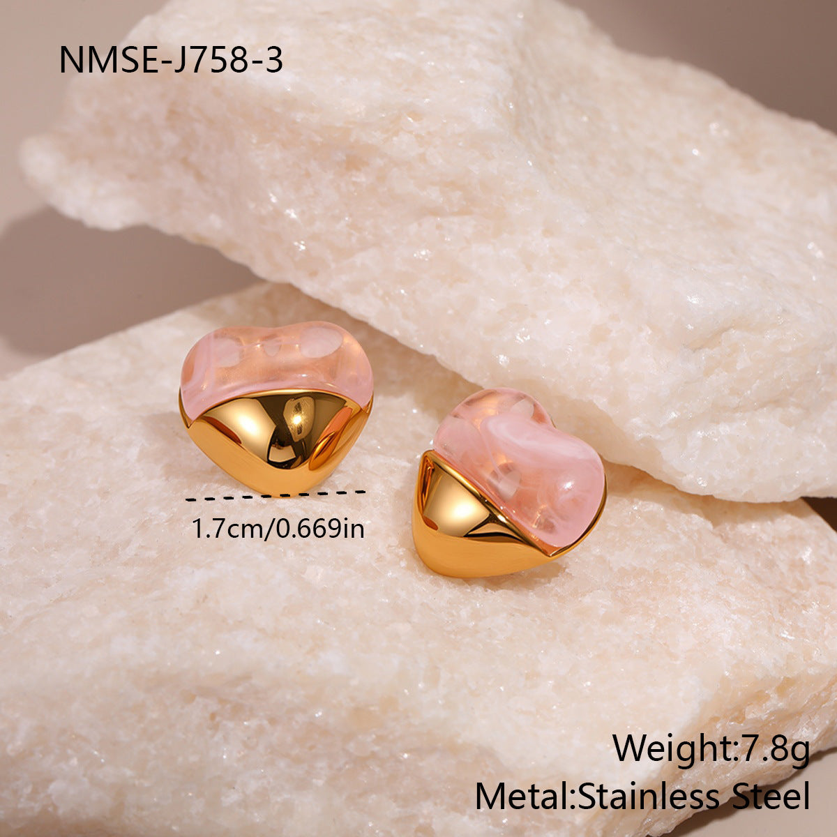 Love Heart-shaped Resin Stud Earrings Stainless Steel Earrings 18K Gold Plating