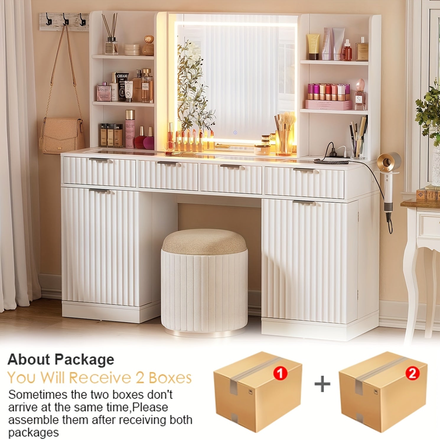 55'' Large Fluted Makeup Vanity Desk with Mirror And Lights, Glass Top Makeup Vanity with Large Storage Spaces, 4 Drawers And 18 Grids, White