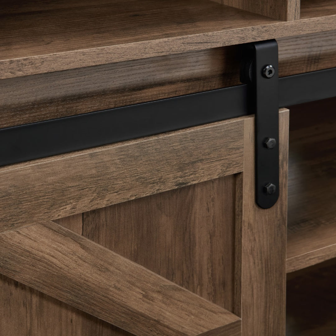 Barn Door TV Stand with Storage & Adjustable Shelves – Natural Brown