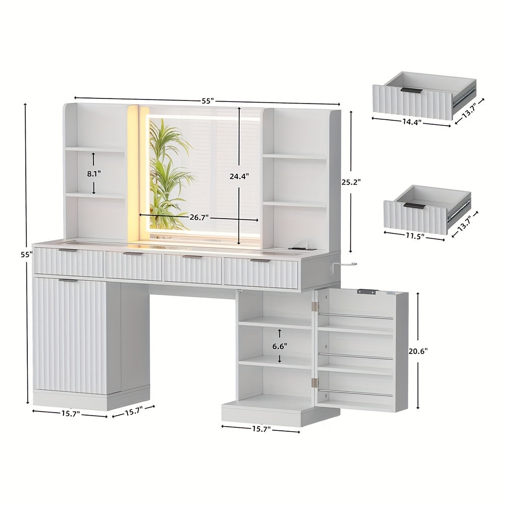 55'' Large Fluted Makeup Vanity Desk with Mirror And Lights, Glass Top Makeup Vanity with Large Storage Spaces, 4 Drawers And 18 Grids, White