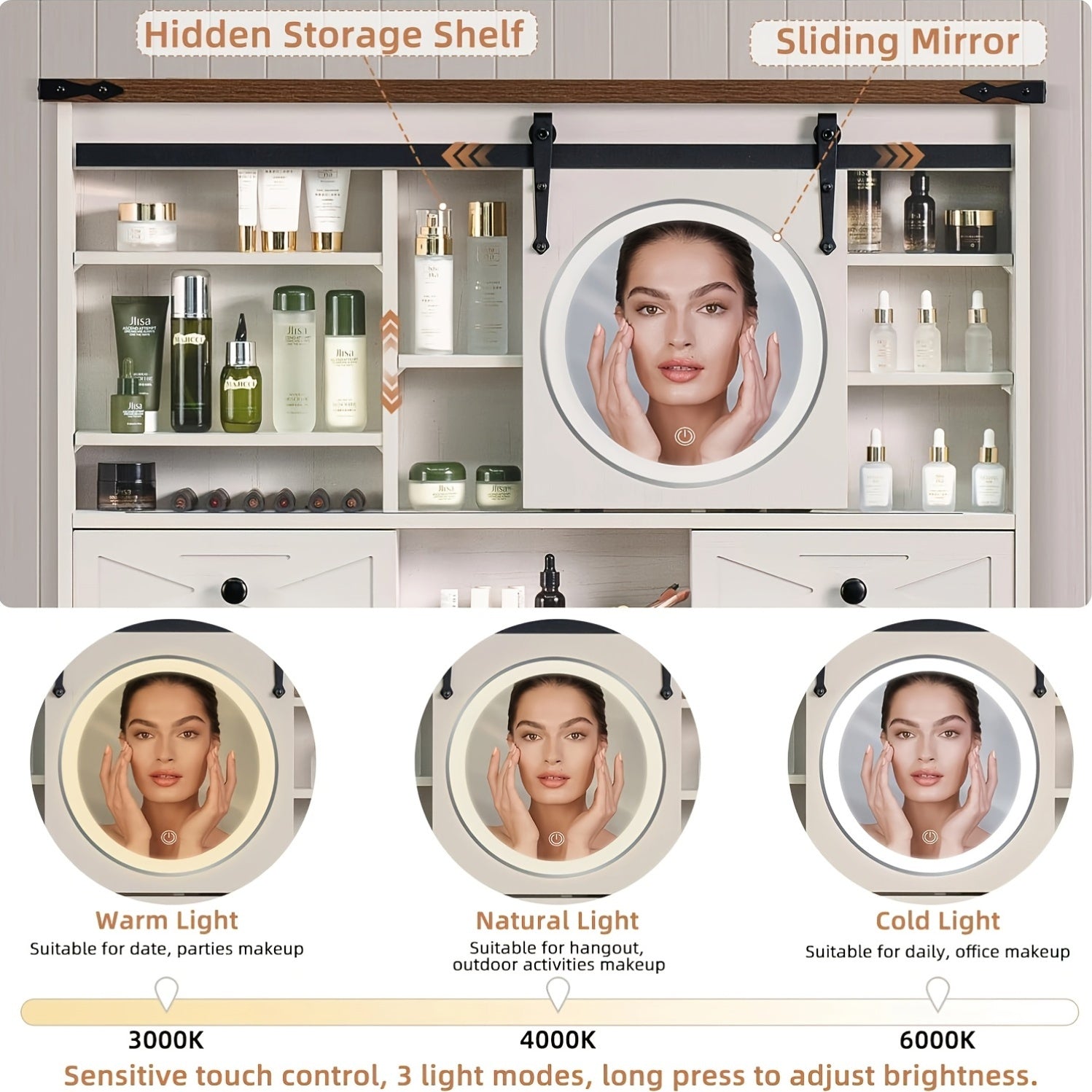 42in Farmhouse Vanity Set with Sliding Mirror & Stool