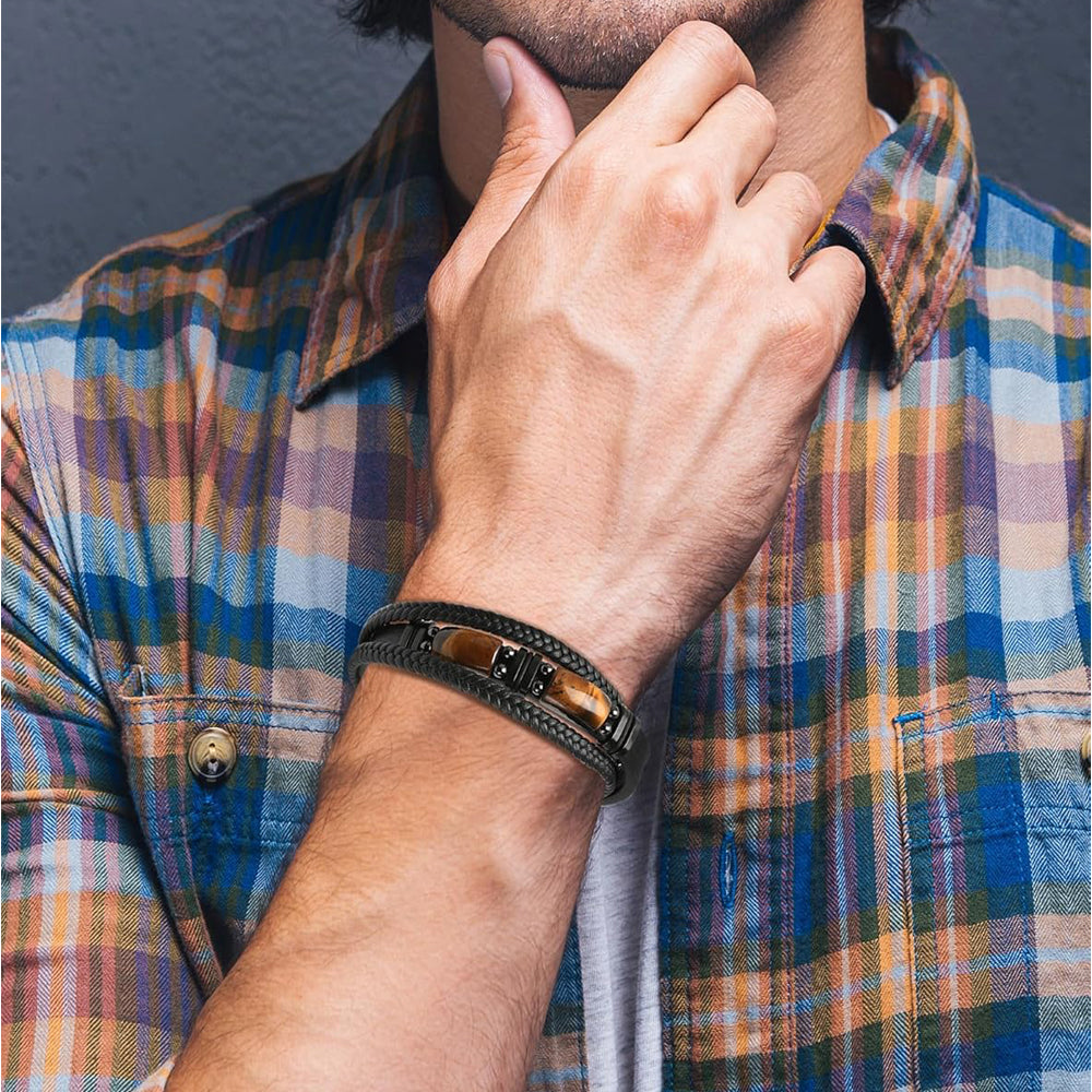 Tiger Eye Stone Braided Leather Bracelet