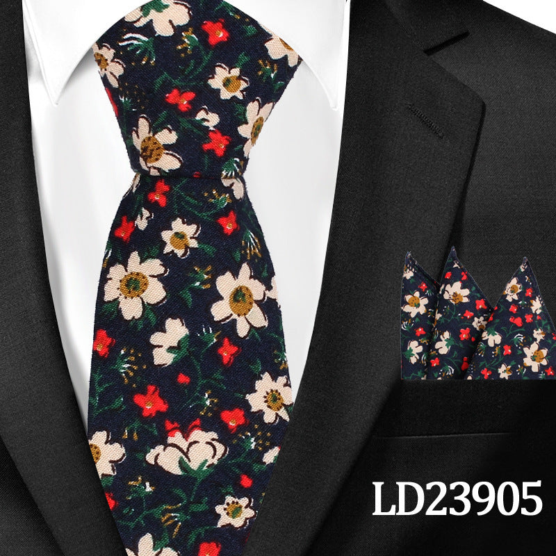 Casual Cotton Floral Print 6cm Casual Tie Pocket Square Suit