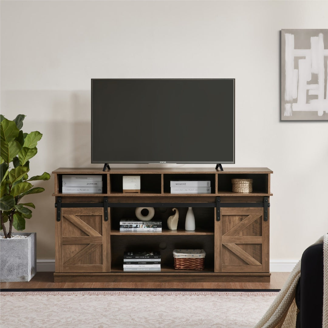 Barn Door TV Stand with Storage & Adjustable Shelves – Natural Brown