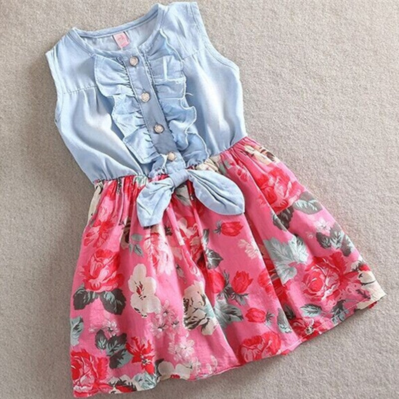 Sleeveless Denim Floral Girl Dress