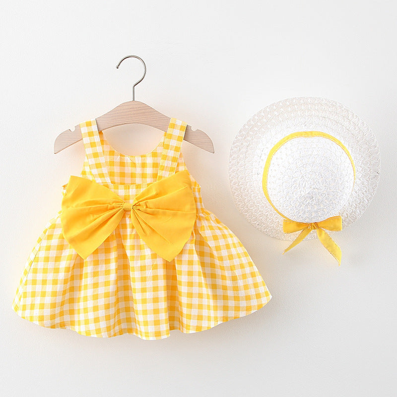 Baby Plaid Skirt with Straw Hat Set