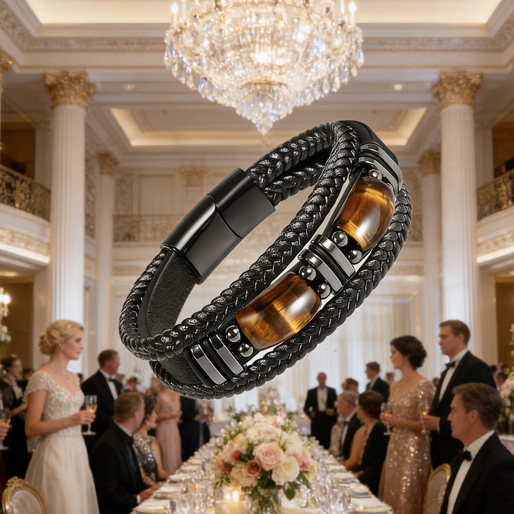 Tiger Eye Stone Braided Leather Bracelet